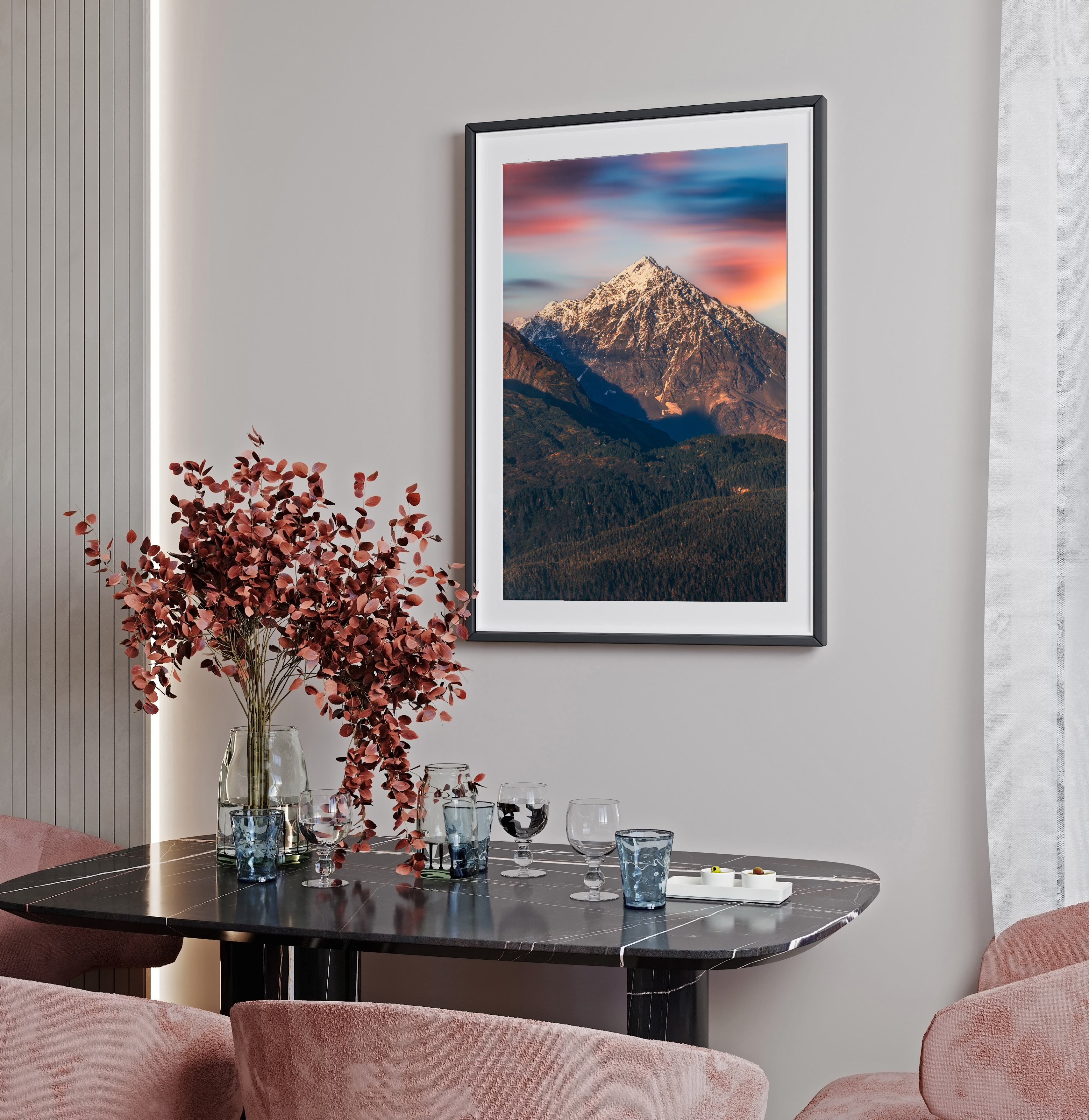 Mountain sunset in boutique dining room by Dan Sproul